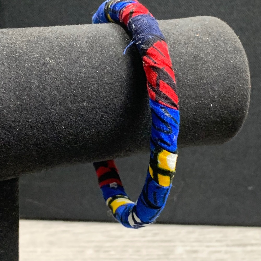 African Wax Print Fabric Wrapped Bangle Bracelet Blue Red Yellow Geometric Boho